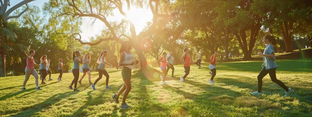 a vibrant and hopeful scene depicting a diverse group of people engaged in dynamic outdoor activities, illustrating the transformative effects of weight loss injections on health and fitness against a backdrop of a sunny park.